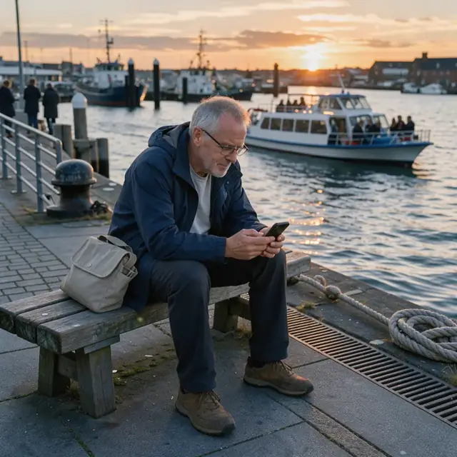 a passenger seated on a harbor bench looking at a phone while a sightseeing boat passes in the background at sunset