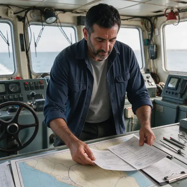 a captain reviewing a set of vessel registration papers and navigation charts spread across a chart table in the wheelhouse