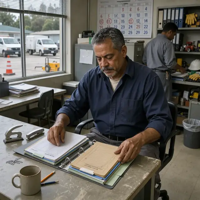 a worker organizing maintenance logs and permit folders on a desk beside a wall calendar marked with inspection due dates