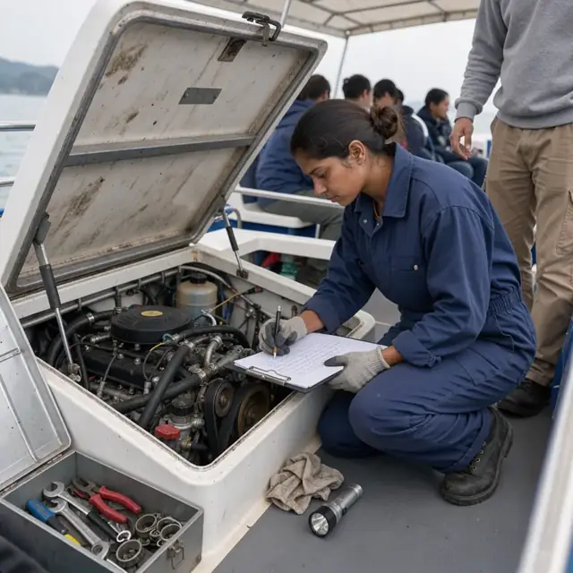 a mechanic in coveralls inspecting the engine compartment of a sightseeing boat while checking items off a maintenance clipboard