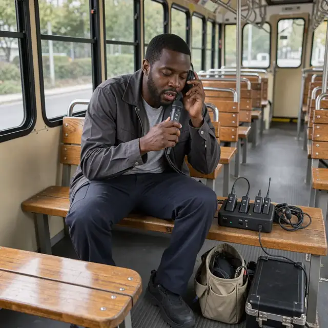 a worker testing a wireless microphone and headset station on a bench inside an empty sightseeing trolley