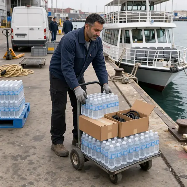 a worker loading cases of bottled water and boxes of headsets onto a dolly beside a docked sightseeing vessel