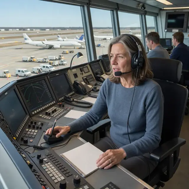 a controller at a tower console speaking into a headset while monitoring aircraft lined up for departure on the airfield below