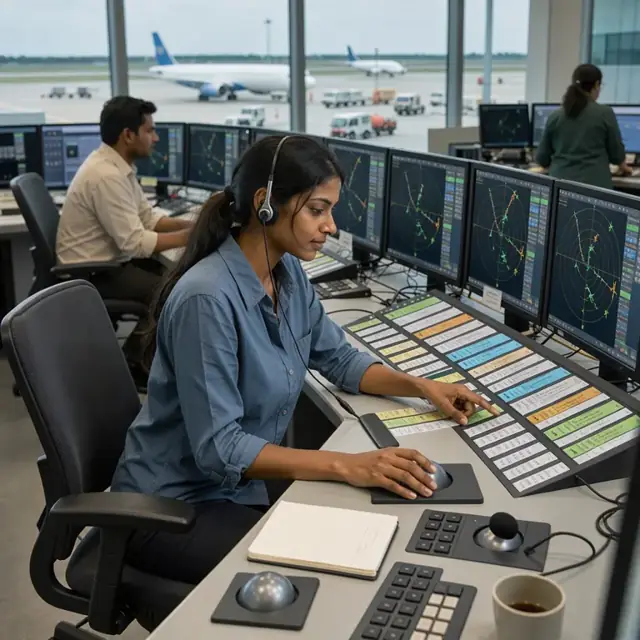 a controller seated at a console reviewing multiple electronic flight strips on large radar display screens showing aircraft tracks