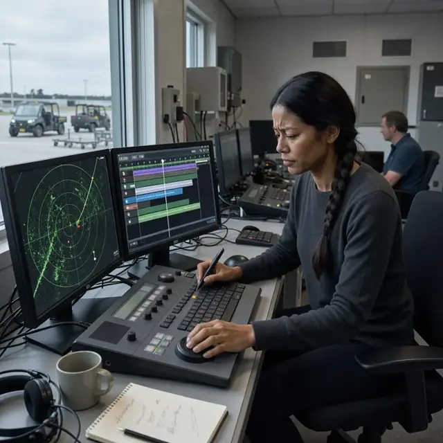 a controller replaying a radar recording on a dedicated workstation while annotating events on a digital timeline