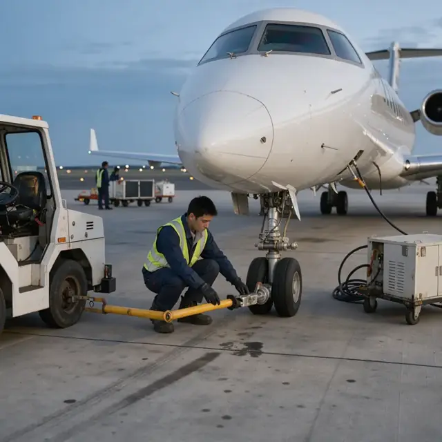 a tug driver connecting a tow bar to the nose gear of a regional jet on the ramp at dusk with ground power unit nearby