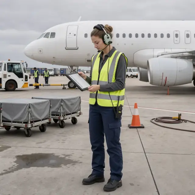 a ramp agent in reflective vest and headset standing on the tarmac beside a parked narrow-body jet reviewing a tablet checklist