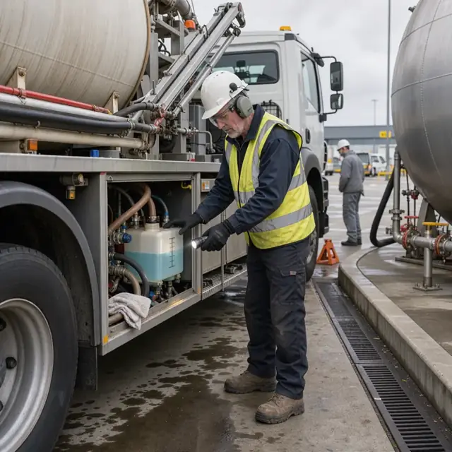 a technician in protective gear checking fluid levels on a large de-icing truck parked beside a fuel storage tank