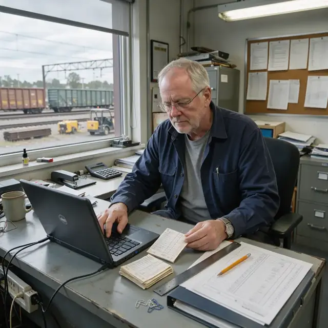 a worker at a desk in a rail yard office entering data from handwritten time cards into a laptop with printed railcar lists nearby