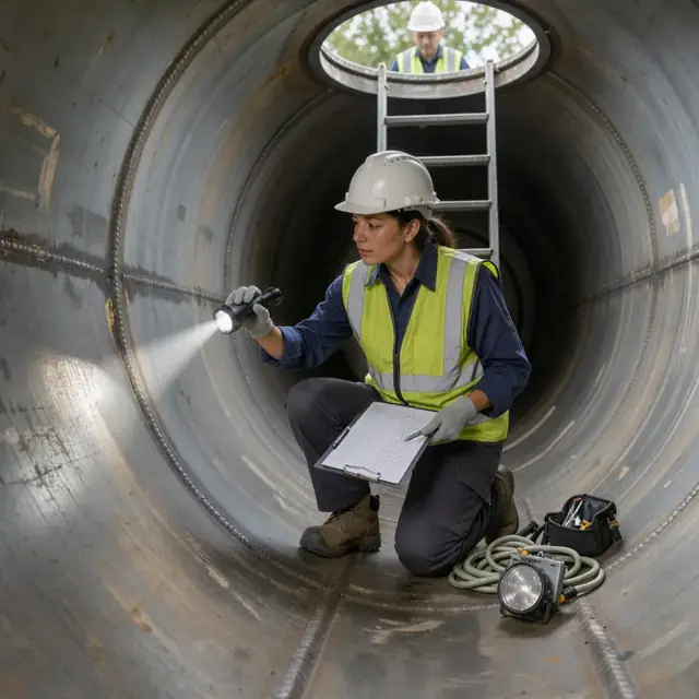 a worker wearing a hard hat and high-visibility vest inspecting the interior of an empty tank car with a flashlight while holding a checklist