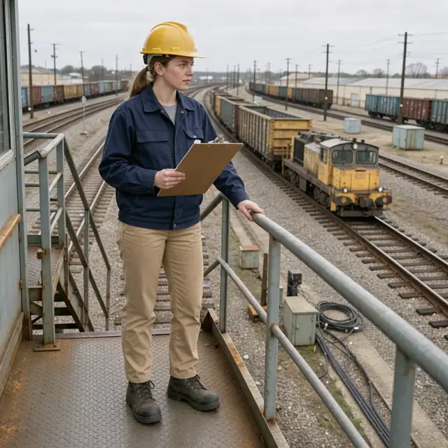a worker standing on a rail yard tower platform holding a clipboard and watching a switch engine push cars along a curved track