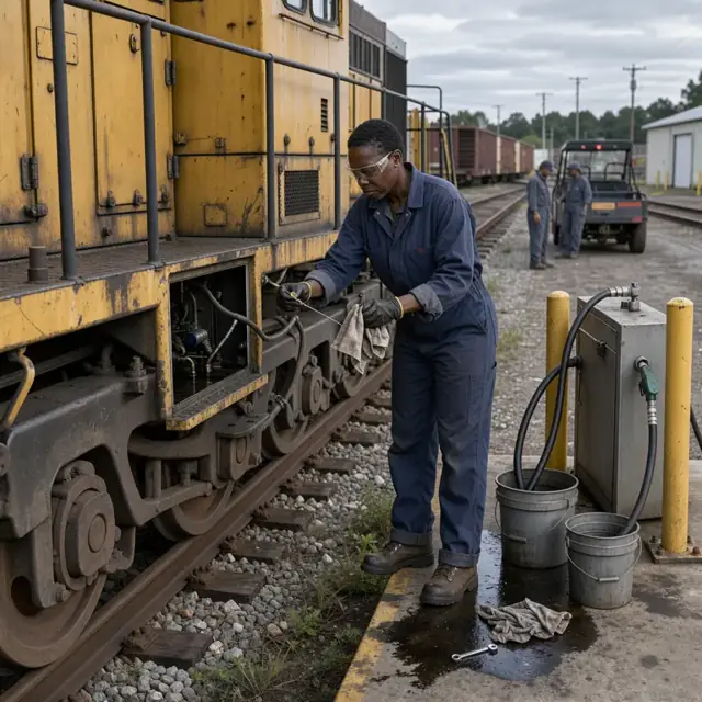 a worker in coveralls checking fluid levels on a yellow switcher locomotive beside a fuel stand in a rail yard