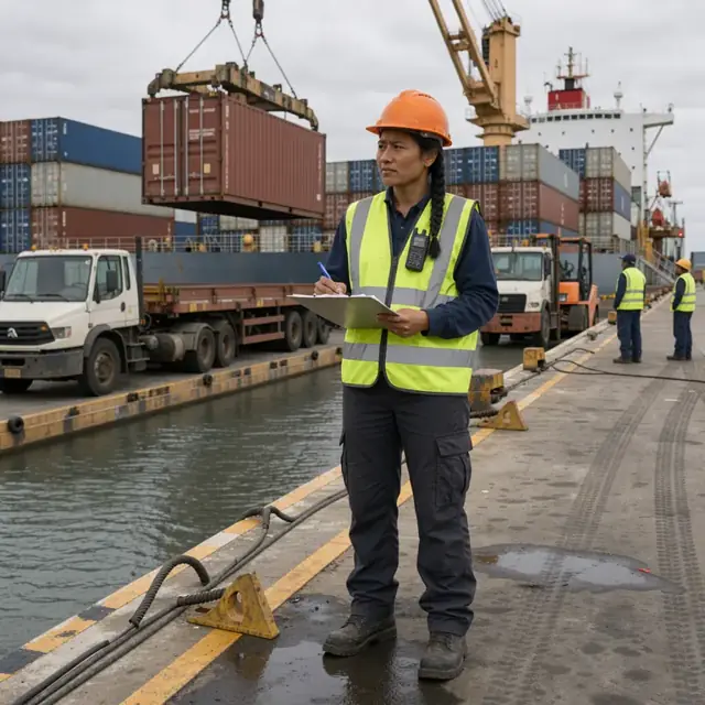 a worker in a high-visibility vest standing on a dock noting crane movements and cargo containers being unloaded from a ship