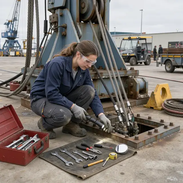 a worker inspecting a large dock crane's cables and base with tools laid out on the pier