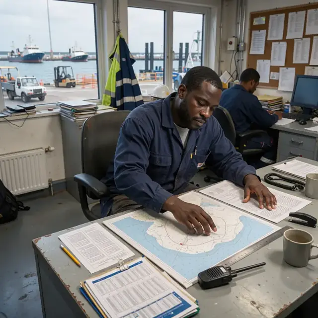 a worker at a harbor operations desk reviewing printed vessel notices beside a large nautical chart and tide tables