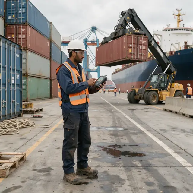 a worker on a dock using a handheld device to record a container being moved by a reach stacker with stacks of cargo and a ship visible behind