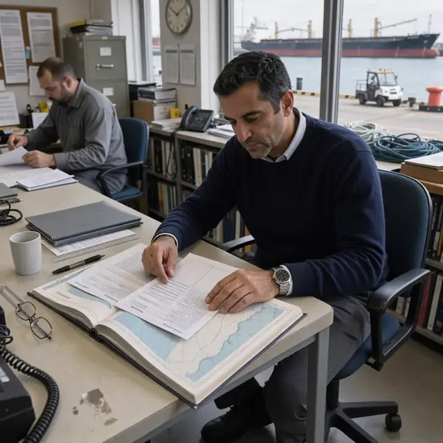 a marine pilot reviewing a stack of nautical publications and license renewal forms at a table inside a harbor office with windows facing docked ships