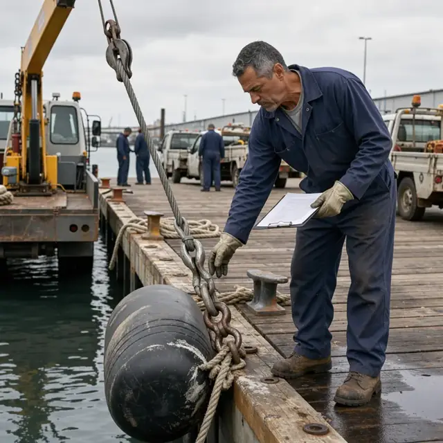 a worker in coveralls inspecting a large dock fender and crane cable with a clipboard at the end of a wooden pier