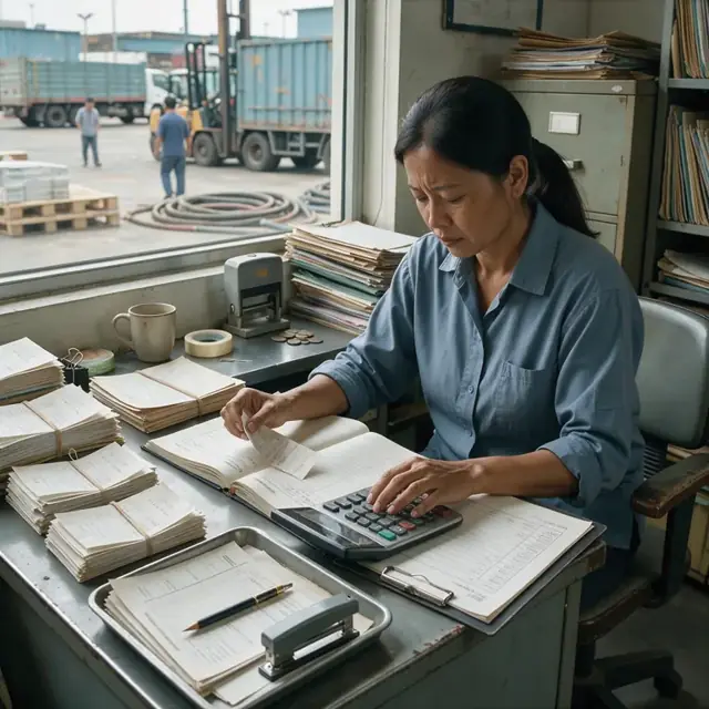 a worker at a dock office desk compiling receipts and logs into an invoice draft