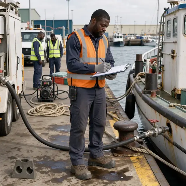 a worker in a safety vest completing a fuel transfer log on a clipboard next to a moored vessel