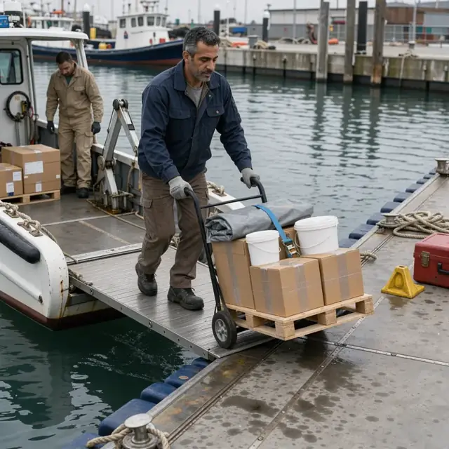 a worker on a floating dock guiding a pallet of supplies from a supply boat using a hand truck