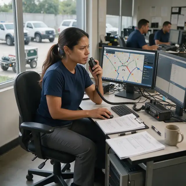 a dispatcher at a desk with multiple computer monitors showing a map, radio and stack of request forms