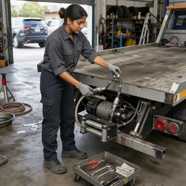 a mechanic in a garage inspecting the winch cable and hydraulic lines on the back of a flatbed tow truck