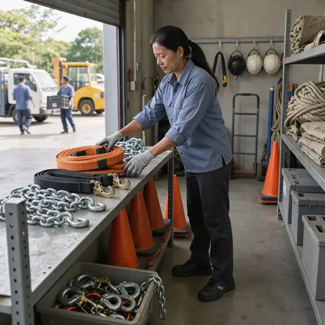 a worker organizing straps, chains and safety cones on shelves inside an equipment room