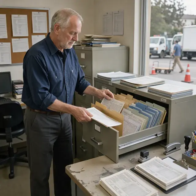 a worker organizing insurance certificates, medical cards and vehicle inspection reports in a filing cabinet at a dispatch office