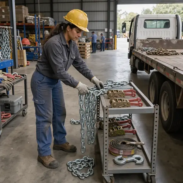 a worker arranging heavy-duty chains and load binders on racks inside a warehouse bay next to a flatbed trailer