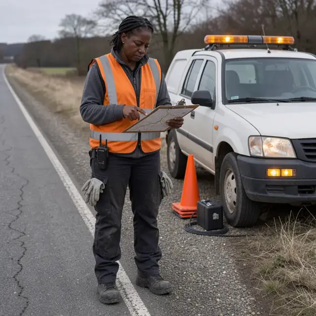 a worker checking a route map on a clipboard next to a pilot vehicle with amber lights on the shoulder of a rural road