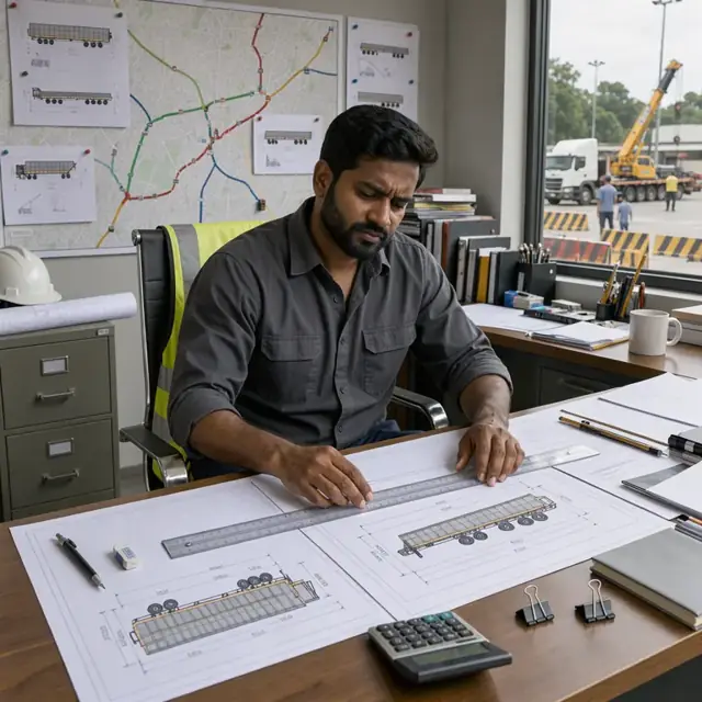 a worker at a desk examining oversized load diagrams spread across a large wall map