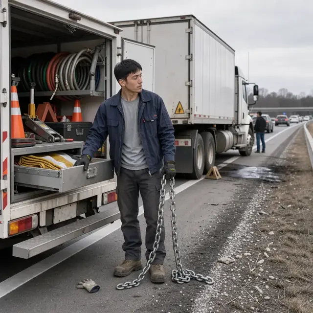 a worker standing at the back of a service truck parked behind a disabled semi-truck on the side of an interstate
