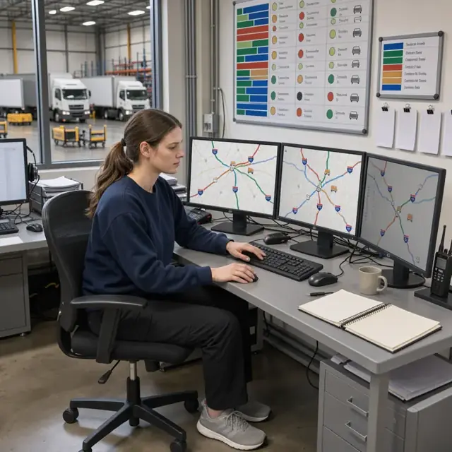 a logistics worker studying multiple digital maps showing truck locations across interstate highways with status boards on the wall