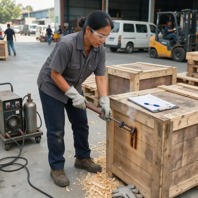 a worker applying a heat-treatment stamp to the side of a wooden crate using a branding iron next to a checklist clipboard