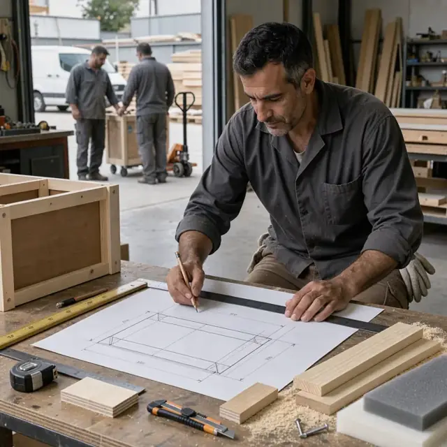 a worker sketching a wooden crate design on paper at a workbench covered with rulers, lumber samples and foam padding