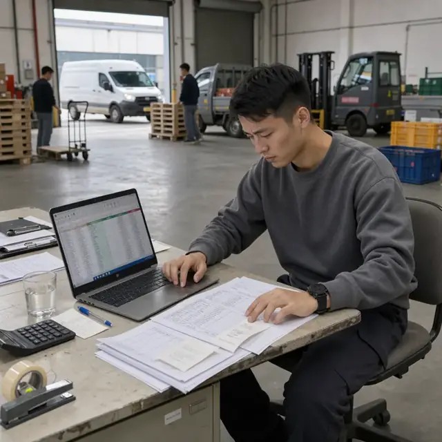 a worker at a desk comparing printed manifests and receipts against an open spreadsheet on a laptop