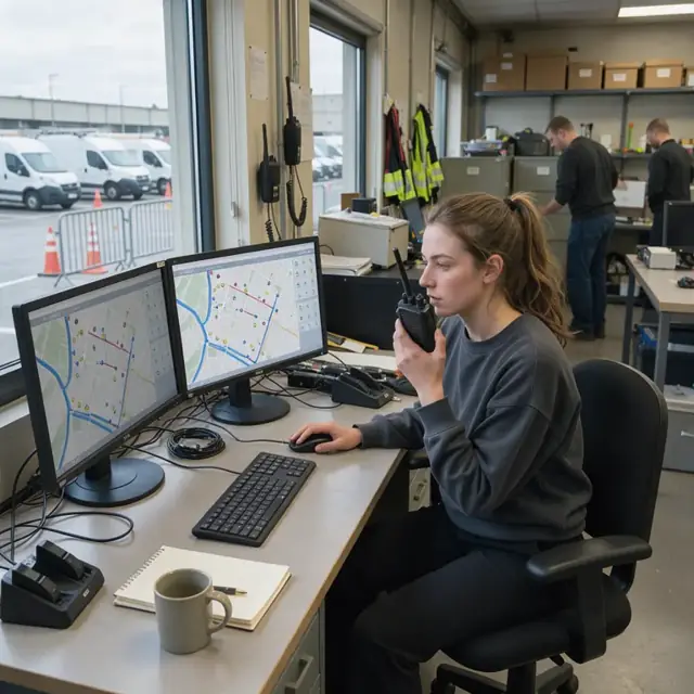 a coordinator monitoring vehicle locations on a digital map displayed on dual screens while holding a radio