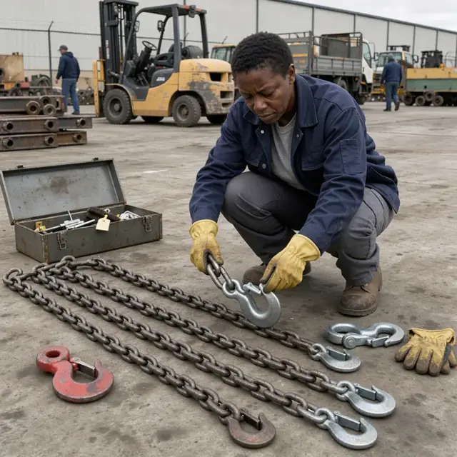 a worker inspecting heavy rigging chains and hooks laid out on the floor of a large equipment yard