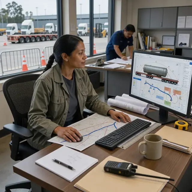 a logistics coordinator reviewing oversized load diagrams and route maps spread across a large monitor at a desk
