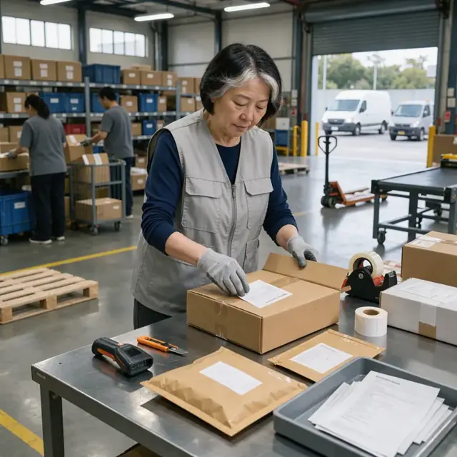 a worker at a workbench examining returned packages and applying new address labels under bright overhead lights
