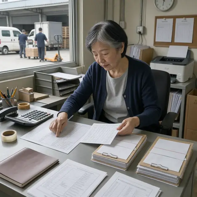 a worker at a desk comparing printed delivery logs against rate charts and preparing invoice packets