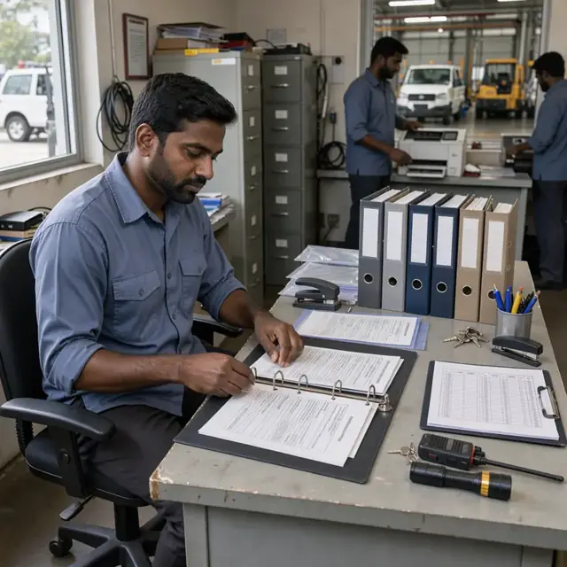 a worker updating vehicle permit and driver credential binders next to a clipboard of daily inspection logs in an office