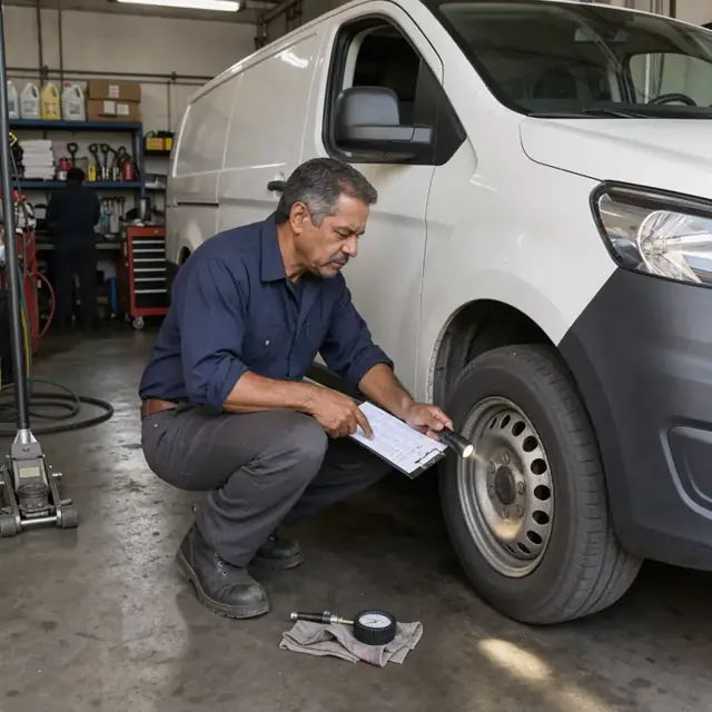 a mechanic performing a pre-trip inspection on a cargo van with checklist and flashlight in a service bay