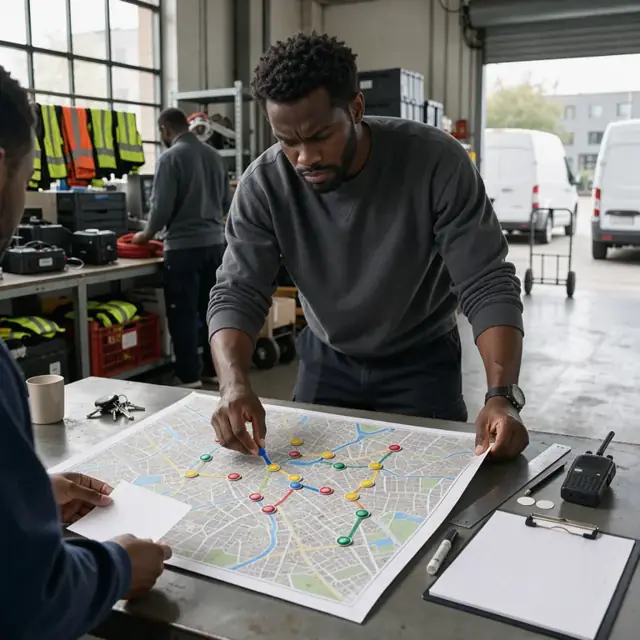 a planner arranging delivery stops on a large printed city map spread across a dispatch table