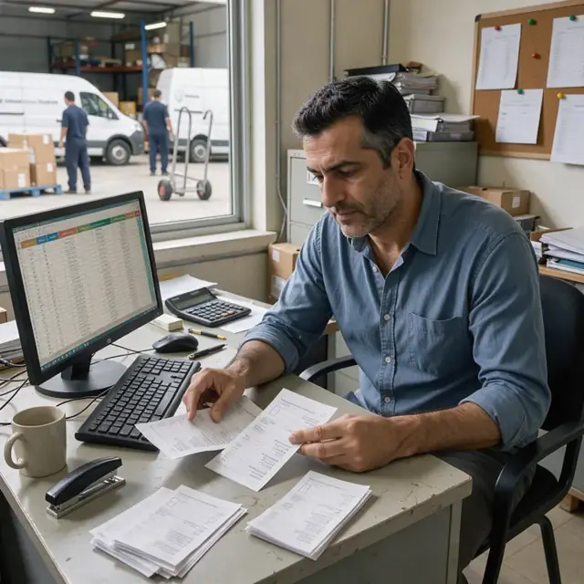 an office worker at a desk comparing printed delivery receipts against an open spreadsheet on a computer monitor