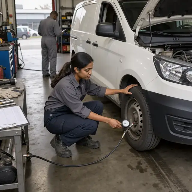 a mechanic in a garage checking tire pressure on a cargo van with an open hood and inspection checklist on a nearby workbench
