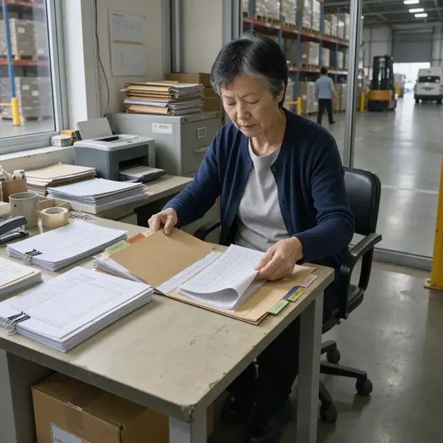 a worker at a desk in a warehouse office organizing stacks of shipping documents and temperature log printouts into labeled folders