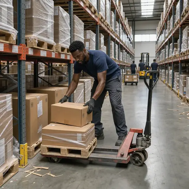 a warehouse worker pulling cases from a pallet rack onto a pallet jack in a long aisle lined with tall storage racks