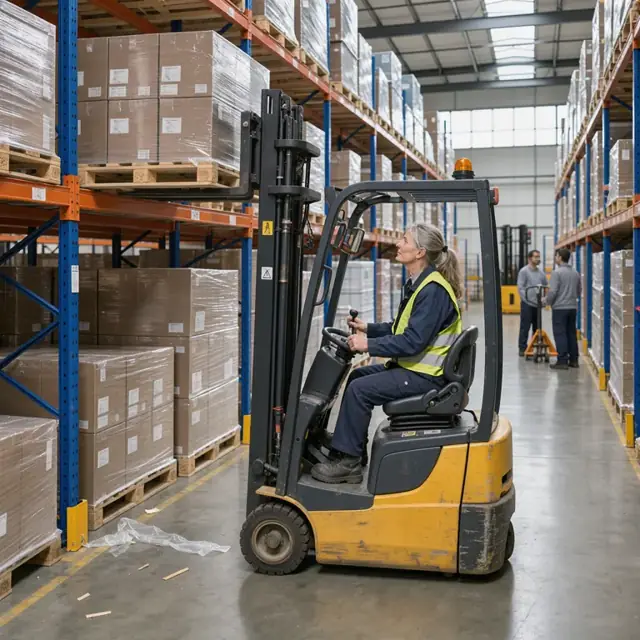 a forklift operator raising a pallet into a tall selective rack inside a brightly lit distribution warehouse aisle